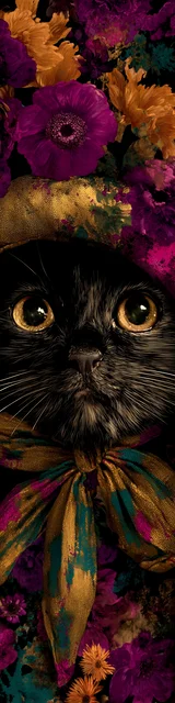 Cat bookmarks featuring a black cat face up close with flowers around